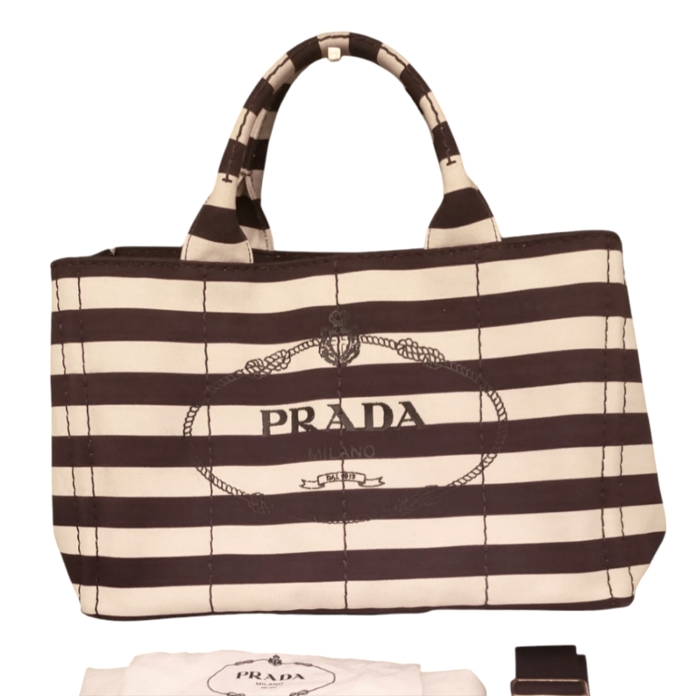 P1-Prada Canapa Black & White Stripe Tote